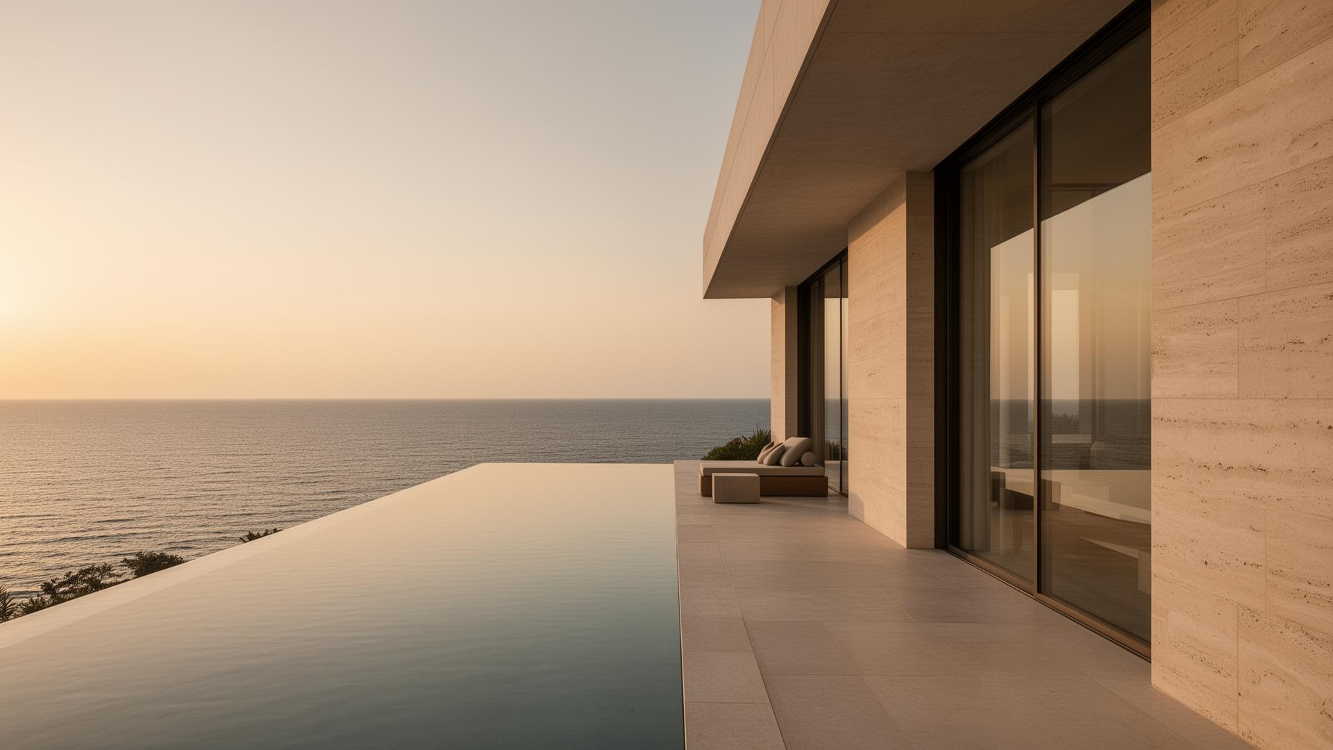 Cinematic luxury villa overlooking the ocean at golden hour